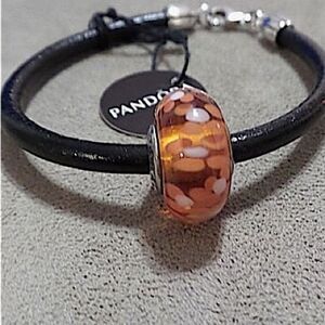 Pandora Orange Blossoms Glass Bead Leather Cord Bracelet!